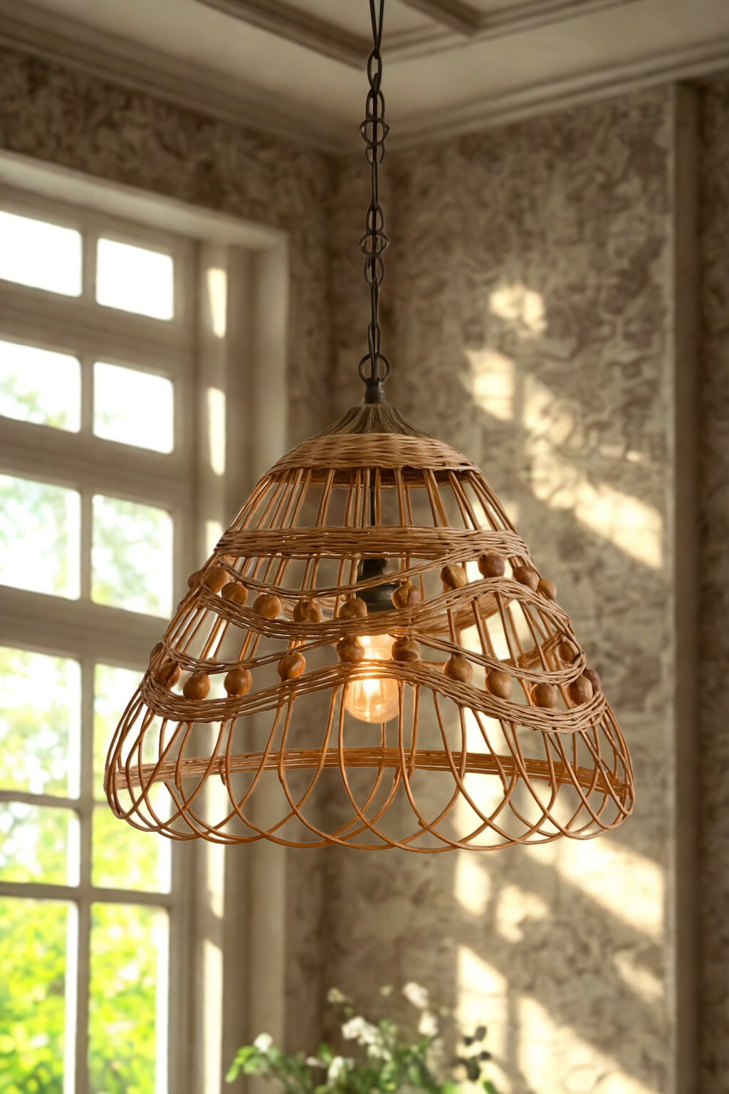 Rattan Boncuk Detaylı Avize